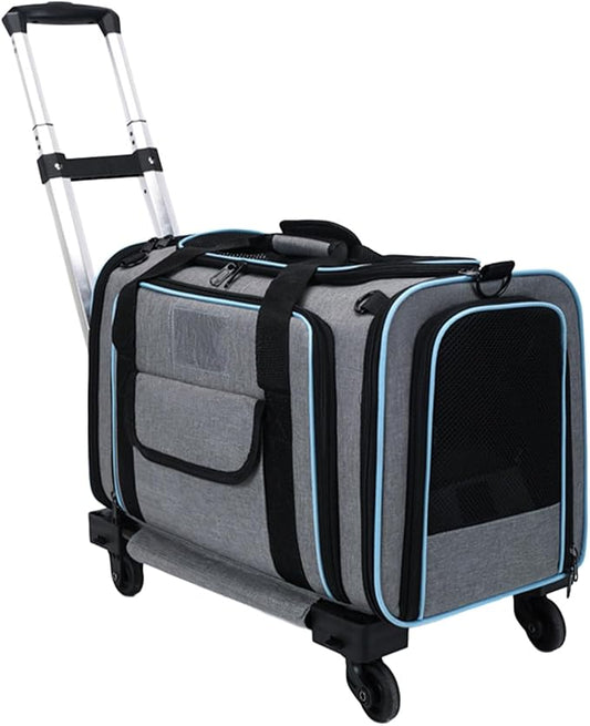 Pet Carrier with Wheels, Airline Approved Expandable Soft-Sided Travel Bag, Rolling Cat & Dog Carrier with 360° Wheels & Removable Pad, Fits Under Seat for Small Pets Under 30 lbs Grey