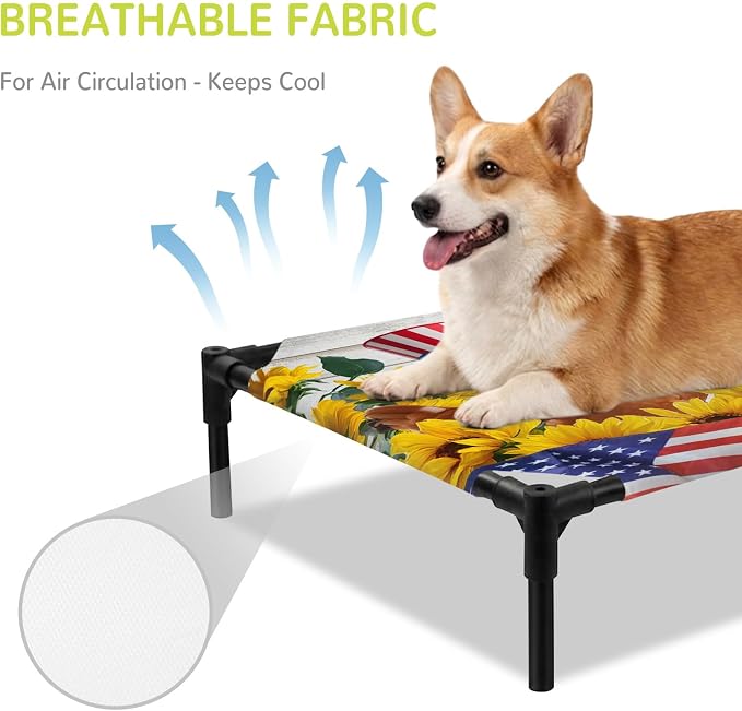 Outdoor Elevated Dog Bed for Medium Dogs, Sunflower Independence Day Breathable Cooling Raised Dog Cot for Indoor/Outdoor, 4th of July Rooster Wooden Waterproof Elevated Pet Beds, M 24 x 20 in