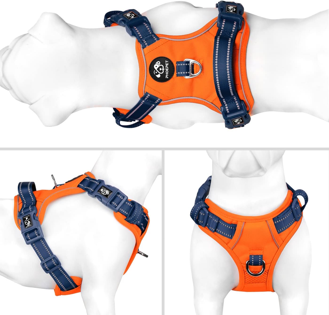PHOEPET No Pull Dog Harness, Unique Colors Reflective Adjustable Dog Vest, with Soft Training Handle Metal Clips for Small Medium Large Dogs (Orange Base & Blue Straps,S)
