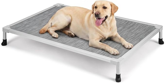 Veehoo Chew Proof Elevated Dog Bed, Silver Aluminum Dog Cot, Pre-Assembled | Cooling Raised Dog Bed for Large Dogs, Indestructible Dog Bed for 42" Crate, Breathbale, Non-Slip Feet, Indoor Outdoor