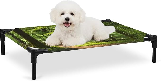 Outdoor Elevated Dog Bed for Medium Dogs, Green Forest Breathable Cooling Raised Dog Cot for Indoor/Outdoor, Retro Rustic Natural Scenery Trees Waterproof Elevated Pet Beds, M 24 x 20 in
