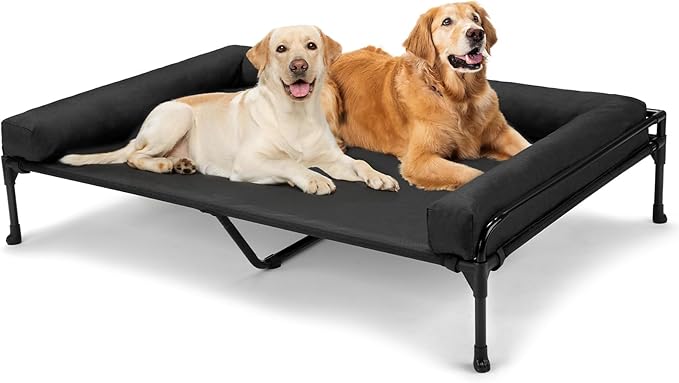 Veehoo Outdoor Elevated Dog Bed-Cooling Raised Dog Cot for Large Sized Dogs | Three-Sided Fence Raised Pet Cot with Mesh & No-Slip Feet Dog Hammock Bed with Removable Bolster-47"x 29" Black