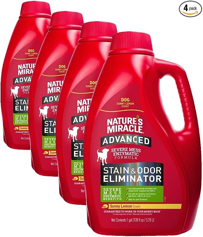 Nature's Miracle Advanced Stain & Odor Eliminator, Sunny Lemon Scent, Severe Mess Enzymatic Formula For Tough Pet Messes, 1 Gallon (Pack of 4)