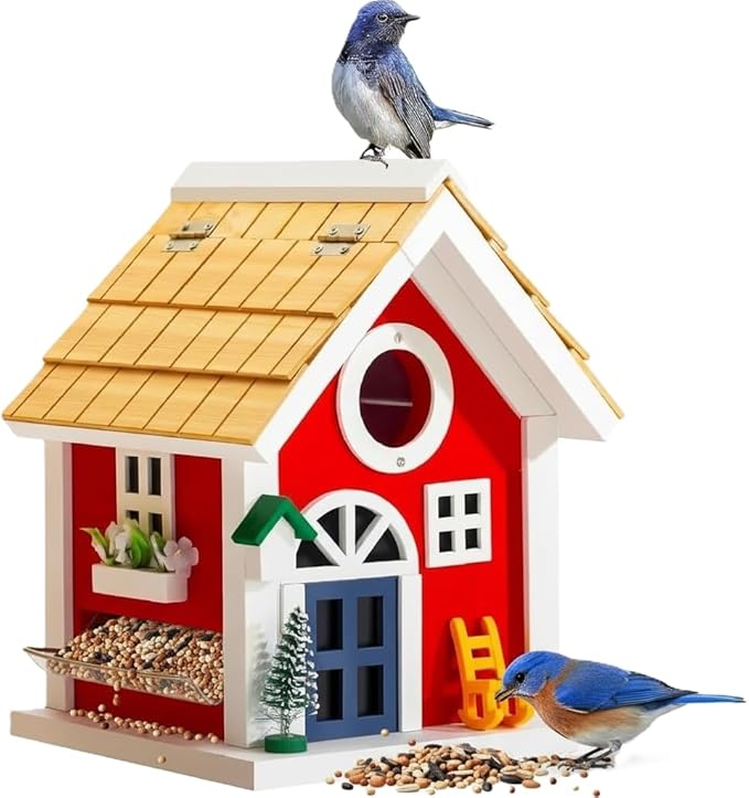 Masterpiece Bluebird House for Outside - Solid Cedar Wood Bird House Bird Feeder for Outdoor - Stainless Hardware - 2 Optional Hole Size 1.5" /1.25" - Garden Center Piece (Red Mansion)