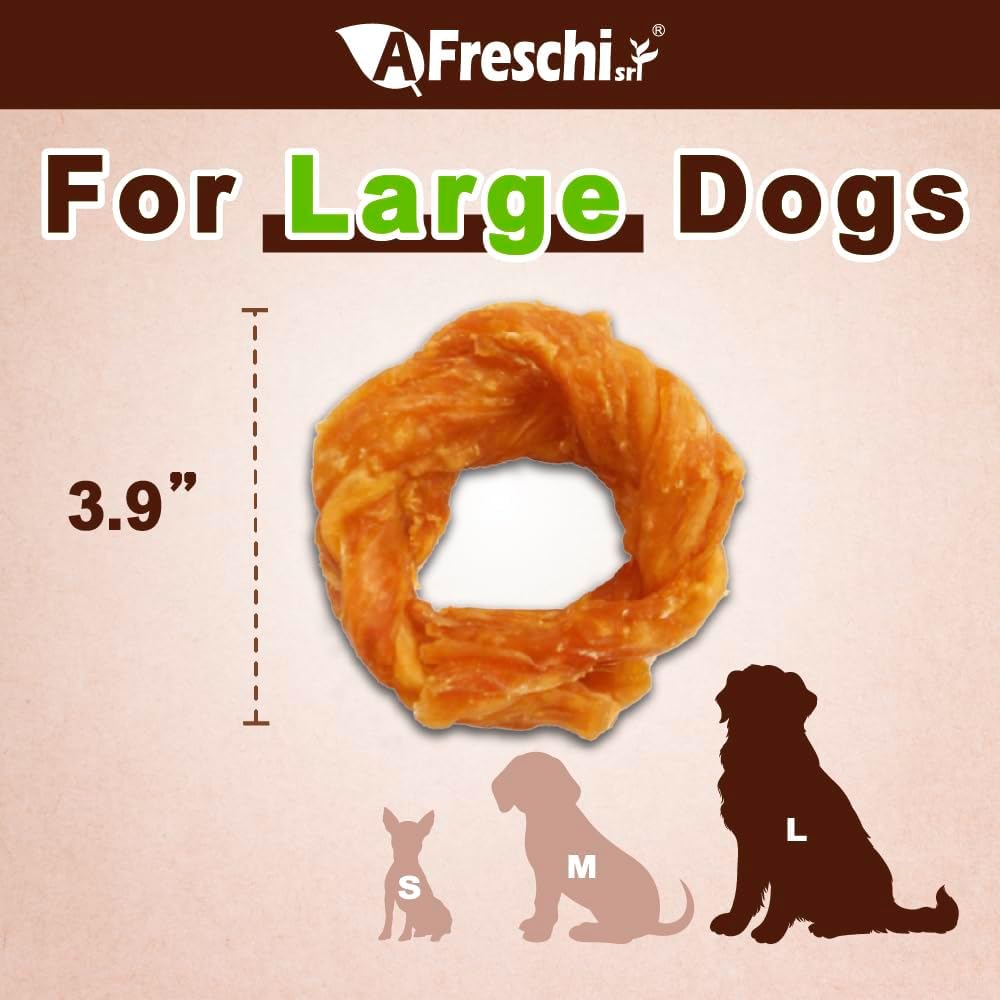 AFreschi Turkey Tendons for Dogs, USA-Sourced, Healthy Dog Treats, Rawhide-Free Puppy Chews, Long Lasting, All Natural, Hypoallergenic Dog Treats for Large Breeds, 10 Count Box Ring (L)