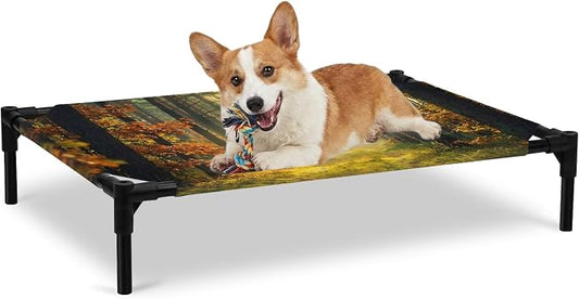 Outdoor Elevated Dog Bed for Large Dogs, Forest Breathable Cooling Raised Dog Cot for Indoor/Outdoor, Sunlight Rustic Trees Orange Green Mystery Waterproof Elevated Pet Beds, L 28 x 22 in