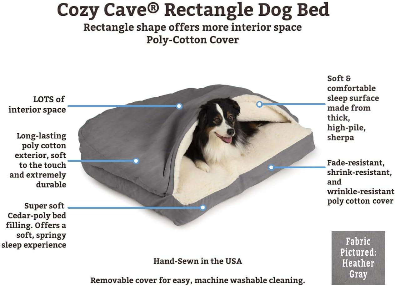 Snoozer Rectangle Cozy Cave Dog Bed - Indoor Dog Bed with Cover Cave, Covered Calming Burrow for Large Sized Pets with Blanket Attached, Enclosed, Washable - XL, Heather Gray