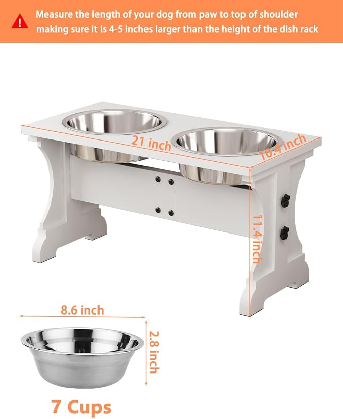 Piskyet Elevated Dog Bowls,Dog Bowl Stand, 7 Cups 11" H_55 oz Bowl-White | White Dog Bowls Stand, Raised Dog Bowl with 2 Stainless Steel Wooden Dogs Bowls for Medium Size Dogs