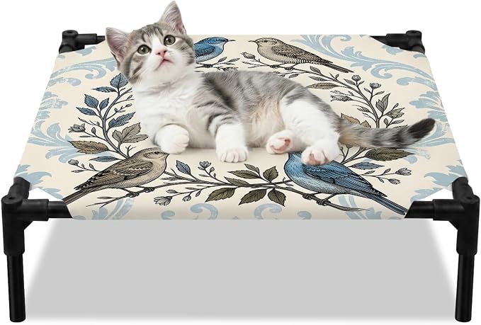 Outdoor Elevated Dog Bed for Small Dogs, Blue Floral Breathable Cooling Raised Dog Cot for Indoor/Outdoor, Rustic Birds Flowers Vintage Branch Garland Waterproof Elevated Pet Beds, S 20 x 20 in