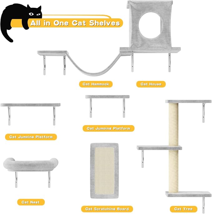 12-in-1 Cat Wall Shelves, Wall Mounted Cat Climber with Condo House, Scratching Post, Bridge Ladder, Space-Saving Indoor Play Furniture for Kittens, Gray