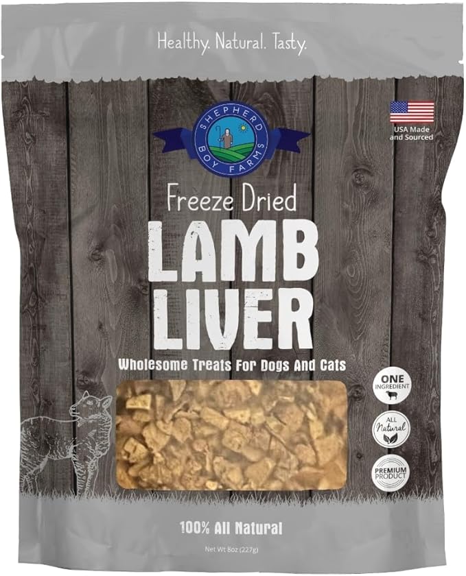 Shepherd Boy Farms Freeze Dried Dog and Cat Treats, Lamb Liver, All Natural Single Ingredient Freeze-Dried Dog Treat & Snacks, Made in USA, High Protein, Essential Nutrition of Raw Food, 8oz