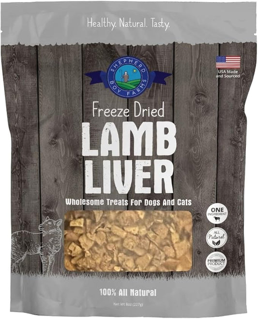 Shepherd Boy Farms Freeze Dried Dog and Cat Treats, Lamb Liver, All Natural Single Ingredient Freeze-Dried Dog Treat & Snacks, Made in USA, High Protein, Essential Nutrition of Raw Food, 8oz
