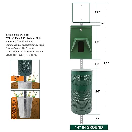 Mutt Mitt® Aluminum Dog Waste Station - Gloss White/Black | 2-Ply | Complete aluminum station with 400 header bags, 25 liners, 12-gal can, locking dispenser, post & hardware included