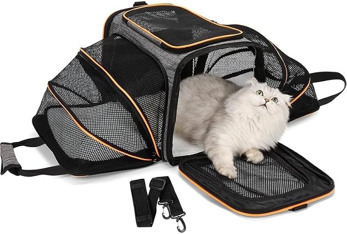 Airline Approved Expandable Pet Carrier for Cats & Small Dogs up to 6kg - Foldable, 3-Way Carry for Airplane & Outdoor (Grey Orange,Small)