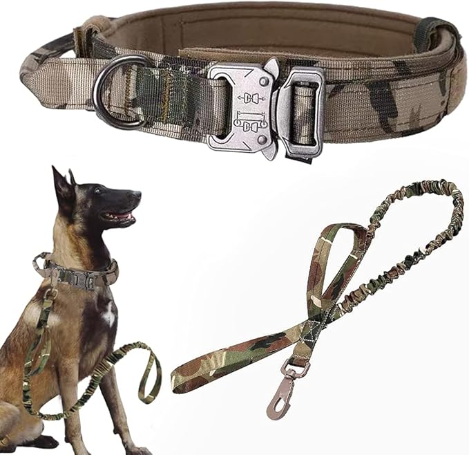 Tactical Dog Collar and Leash Set for Large Dogs with Control Handle，Camo | 1000D Heavy-Duty Nylon Fabric,Quick-Release Metal Buckle,Adjustable Fit,Soft-Padded Webbing,D-Ring,for Training & Hiking,M