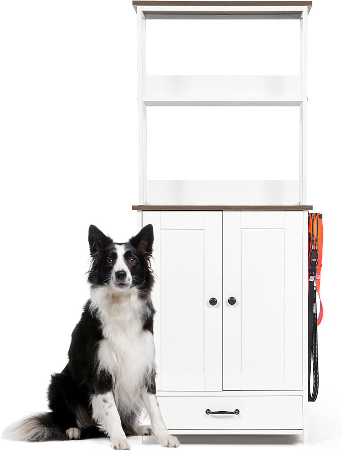 Pet Feeding Station Storage Cabinet with Bowls and Rack, Adjustable Panel,Pet Feeder Station for Dogs Cats for Feeding & Watering Supplies with 2-Level Shelving