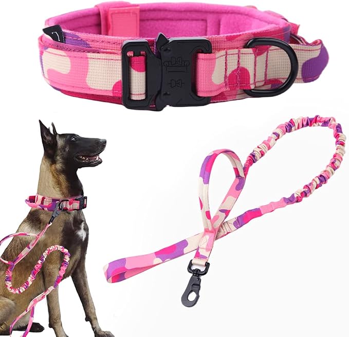Tactical Dog Collar and Leash Set for Large Dogs with Handle,Pink Camo,L | 1000D Heavy-Duty Nylon Fabric,Quick-Release Metal Buckle,Adjustable Fit,Soft-Padded Webbing,D-Ring,for Training & Hiking