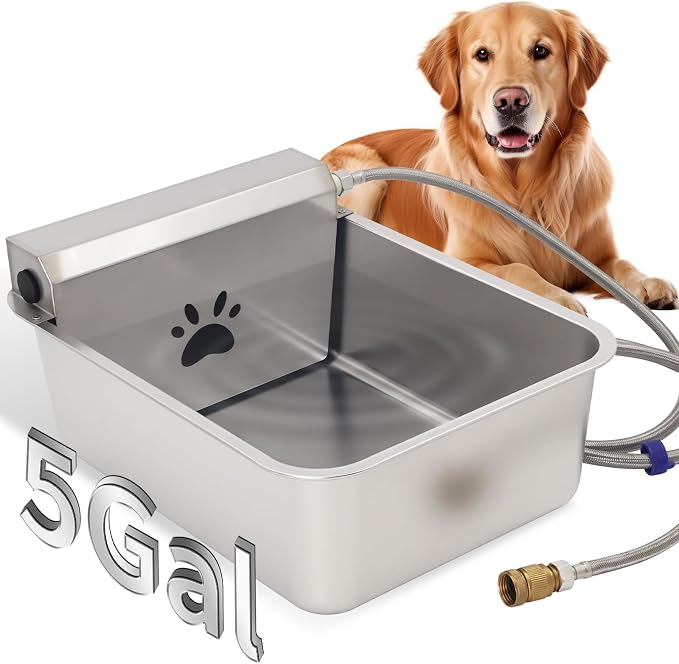 5Gal/20L Automatic Dog Water Dispenser, 78.7" Hose Stainless Steel Bowl | X-Large Auto-Fill, Float Valve Dog Water Bowl, Anti Tip Fit 3/4'' GHT Outdoor/Indoor Faucet for Livestock Animal Drinking