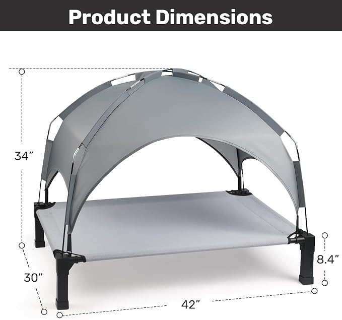 Elevated Dog Bed with Removable Canopy, Sun Protection Shade Tent Dog Cot | Portable Outdoor Dog Bed, Raised Pet Cooling Cot Bed for Dogs, 42in