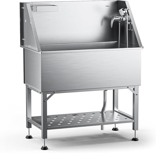 38" Stainless Steel Dog Washing Station - 304 Seamless Soaking Tub for Small & Medium Dogs, Non-Slip & Leak-Proof Pet Grooming Sink with Bottom Storage Shelf & Hair Catcher for Home & Spa | Dog grooming tub, hot cold faucet, fixed sprayer, shampoo disp...