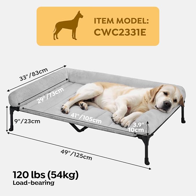 Veehoo Elevated Dog Beds Large Sized Dog with Fluffy Plush Bolster Cushion | Orthopedic Raised Dog Beds for Indoor Outdoor, Soft Pet Sofa Cot with Removable Washable Mat, No-Slip Feet, 49" x 33", Grey