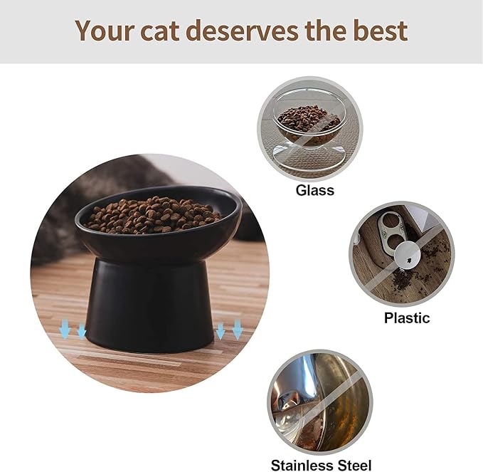 Elevated Cat Bowls, 15° Tilted Ceramic Raised Cat Food and Water Bowl Set, Whisker-Friendly Porcelain Pet Feeder Dishes for Indoor Cats and Small Dogs,Black,5.2 Inch,1 Pack