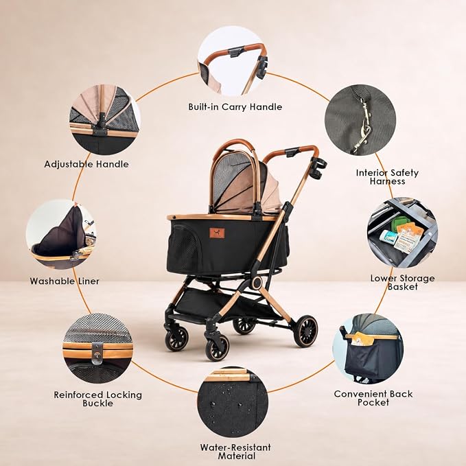 6-in-1 Cat Stroller for Cats & Small Dogs, Foldable Travel | Luxury Brown Pet Stroller, Detachable Carrier, Foldable Dog Stroller for Small Dogs, 360° Wheels, Frame Supports up to 50 lbs