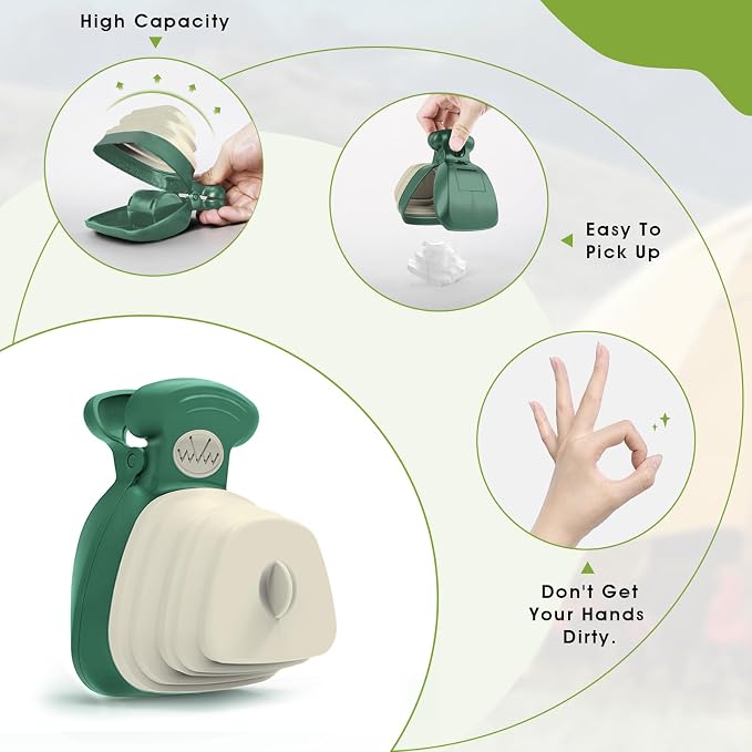 SuperDesign Dog Pooper Scooper - Ideal for Small & Large Dogs, Yard & Walks, Adjustable Leash & Bag Attachment, Perfect for Travel & Camping (Green)
