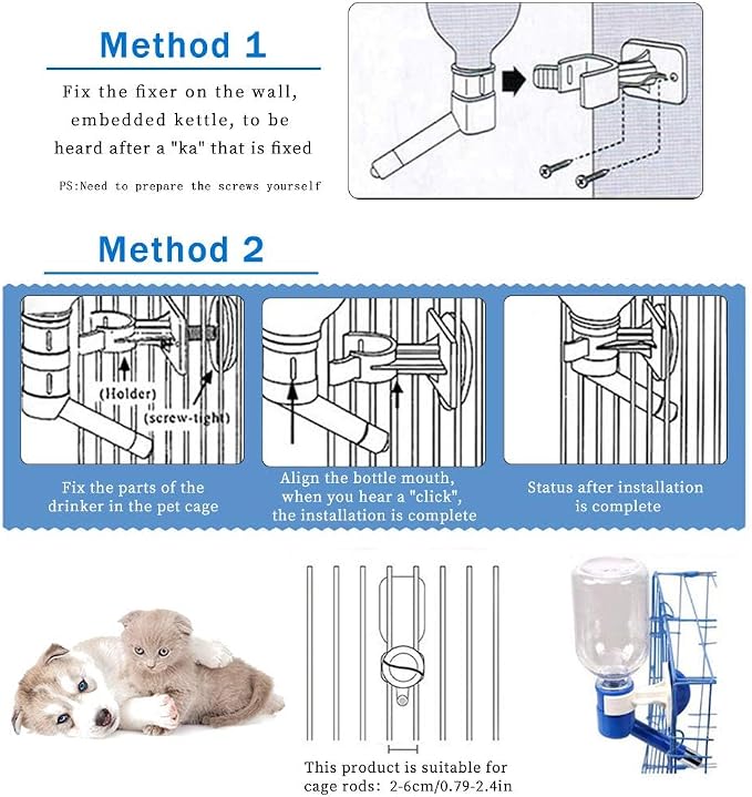 Andiker Dog Water Bottle for Crate, No-drip 350ml Dog Water Dispenser Adjustable and Detachable Installed on the Kennel Cage Water Bottle for Dogs and Puppy Drinking Water (Pink)