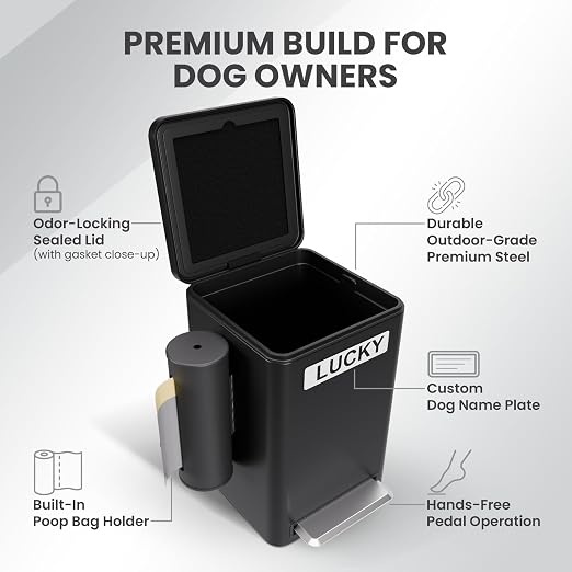 Dog Poop Trash Can Outside, 6L Metal Outdoor Dog Waste Bin with Lid & Soft Close Pedal, Pet Waste Container with Charcoal Filter, Removable Inner Bucket, Bag Holder, Stickers & Custom Name Plate