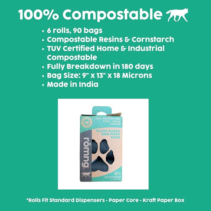ROMNG Compostable Dog Poop Bags, Plant-Based, TUV Certified, Unscented, Leak-Proof, 6 Rolls, 90 Bags, Black