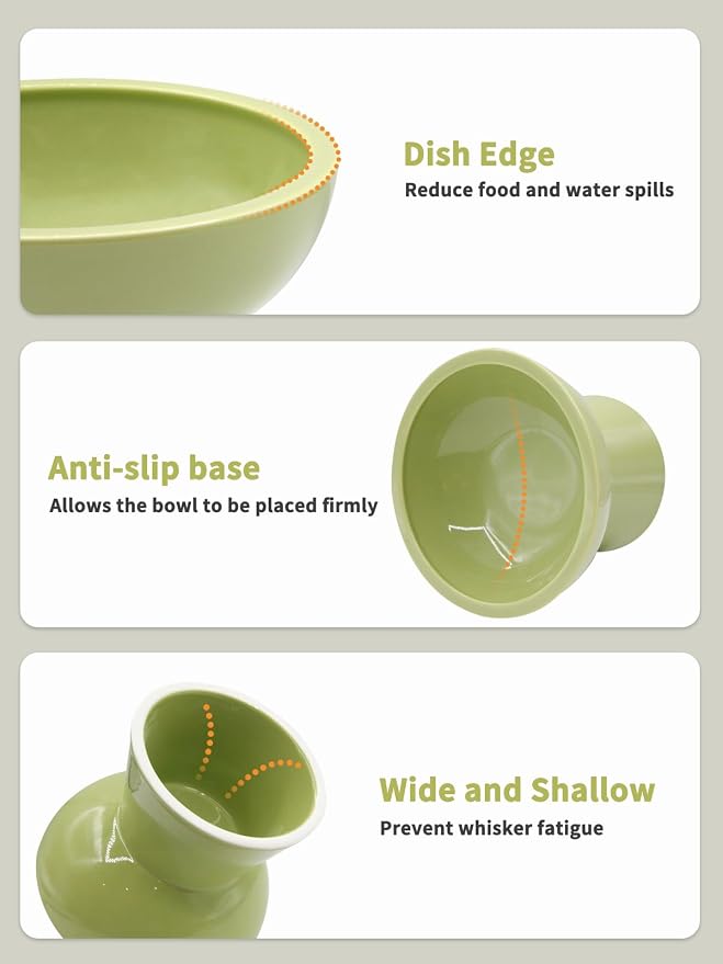 LoeJan Elevated Food and Water Bowls Set, Extra Wide and Raised Ceramic Feeder, Anti-Vomit Whisker-Free Pressure Cat Bowl for Kittens to Adult Cats, Small Dogs (Green, Water Bowl)