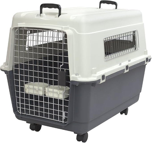 SportPet Airline Compliant LARGE 31.5" Travel Dog Kennel-Durable Plastic Airline Pet Carrier w/ Removable Wheels & Food Bowls, Collapsible Indoor/Outdoor Dog Kennel, Dogs up to 28"L & 20"H-Cream/Gray