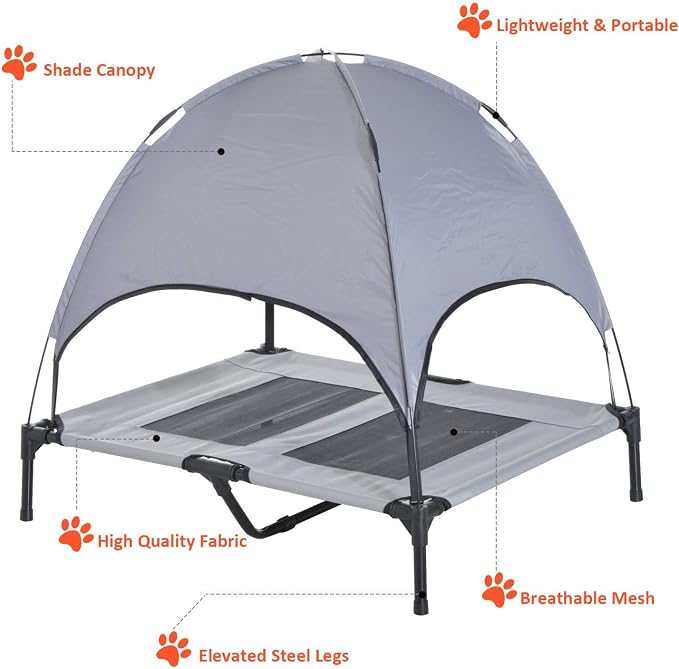 PawHut Elevated Portable Dog Cot Cooling Pet Bed with UV Protection Canopy Shade, 36 inch | Large Pet Bed, Outdoor Dog Cot, UV Protection Shade, Camping