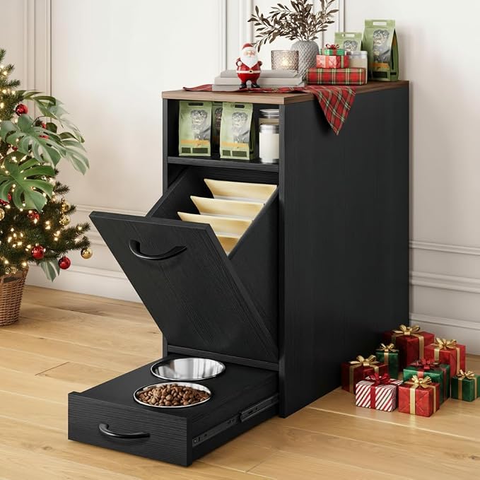 DWVO Dog Feeding Station with Storage & 2 Feeder Bowls | Dog Food Cabinet Pull Out Elevated Dogs Bowl, Black