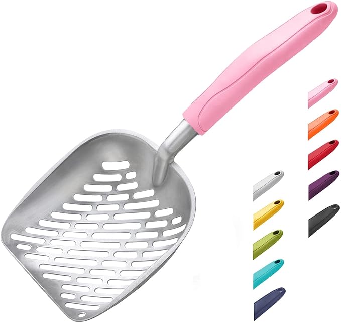 Cat Litter Scoop, Aluminum Alloy Sifter, Kitty Metal Scooper, Deep Shovel with Diagonal Sifting Hole, Long Handle, Kitten Poop Lifter for Litter Box, Large Size, Pink Handle