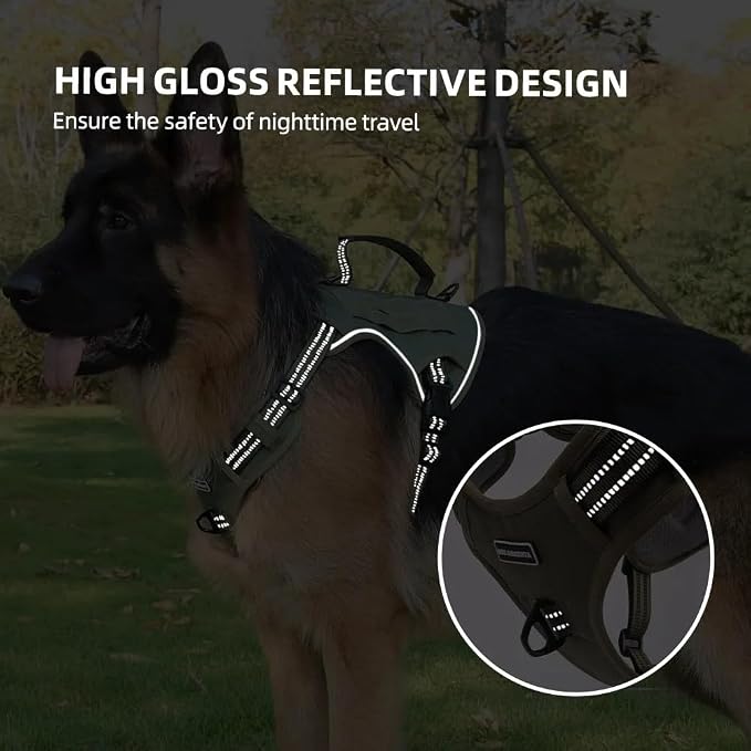 Tactical Dog Harness with Leash for Large Dogs, No Pull Adjustable Dog Harness, Reflective K9 Working Pet Vest for Walking, Training (Army Green, L)