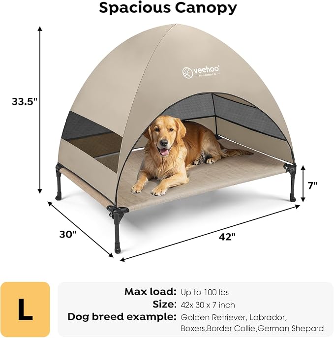Veehoo Outdoor Dog Bed with Canopy, Cooling Elevated Dog Shade for Outside | Portable Raised Dog Cot with Removable Shade, Sun Protection Dog Tent Outdoor for Camping, Beach, 42" x 33.5", Beige Coffee