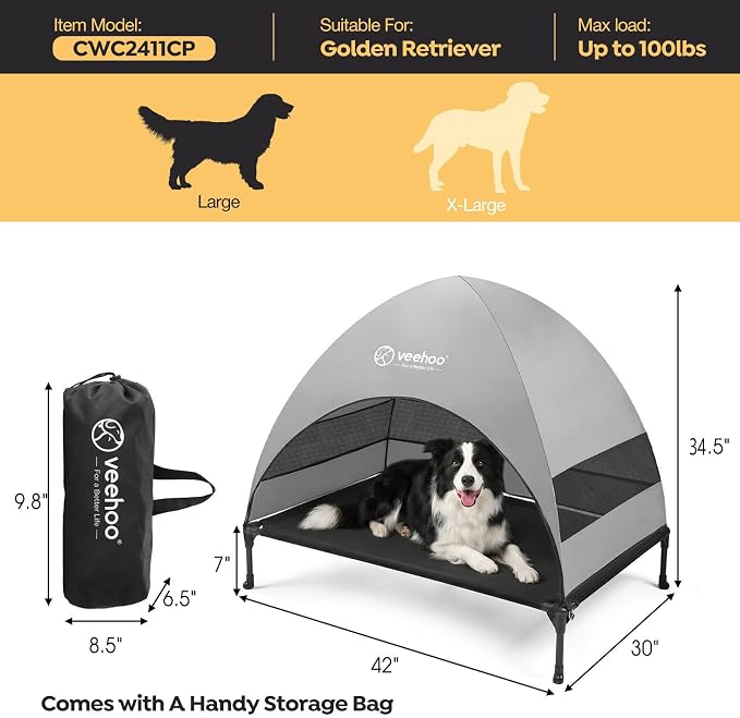 Veehoo Outdoor Dog Bed with Canopy, Cooling Elevated Dog Shade for Outside | Portable Raised Dog Cot with Removable Shade, Sun Protection Dog Tent Outdoor for Camping, Beach, 42" x 34.5", Black