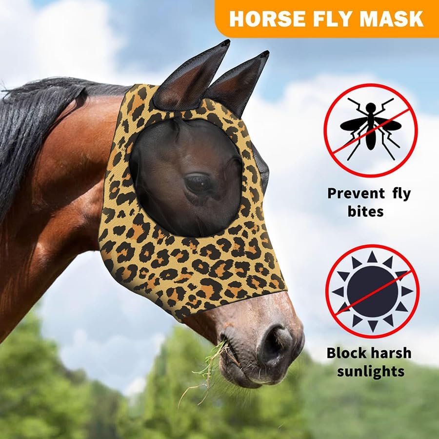 Horse Fly Mask with Ears - Comfort Fit, Durable & Breathable, Easy to on/Off | UV Protection, Large Eye Space, Stretchy Leopard Print (2pcs Large, Tangle-Free)
