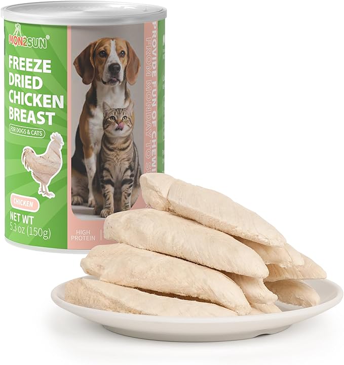 MON2SUN Freeze Dried Chicken Breast Dog & Cat Treats - Whole Cut, Single Ingredient, High Protein, Grain & Gluten Free, for Training Chew or Topper, 5.3oz