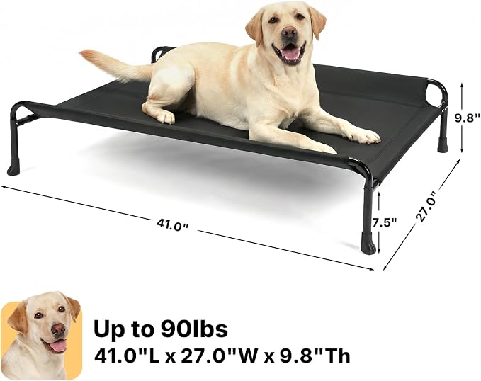 Veehoo Outdoor Dog Bed, Raised Dog Beds for Large Dogs, Elevated Dog Bed with Headrest, Washable Cooling Pet Cot with Non-Skid Feet, Breathable Pet Hammock for Indoor or Camping, 41", Black