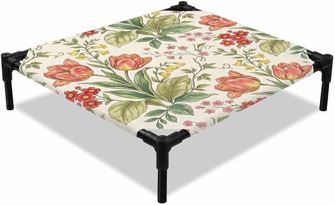 Outdoor Elevated Dog Bed for Small Dogs, Botanical Tulip Breathable Cooling Raised Dog Cot for Indoor/Outdoor, Farmhouse Vines Floral Summer Plants Waterproof Elevated Pet Beds, S 20 x 20 in