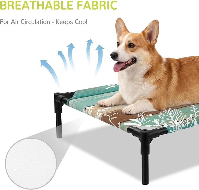 Outdoor Elevated Dog Bed for Large Dogs, Teal Green Brown Botanical Breathable Cooling Raised Dog Cot for Indoor/Outdoor, Farmhouse Wooden Leaves Waterproof Elevated Pet Beds, L 28 x 22 in
