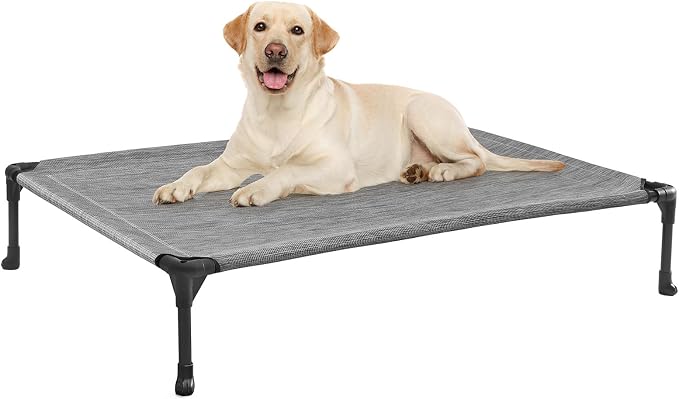 Veehoo Outdoor Elevated Dog Bed Large Sized Dogs, Cooling Raised Dog Cots | Off-ground training platform, portable camping hammock, breathable mesh, easy to clean, no-tool setup, 42"x30", Black Silver