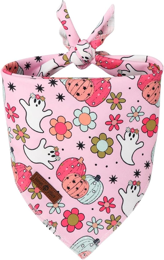Lionet Paws Halloween Dog Bandana Washable Cotton Handkerchief Scarf Triangle Flower Ghost Pink Bandanas for Medium Large Dogs Girl