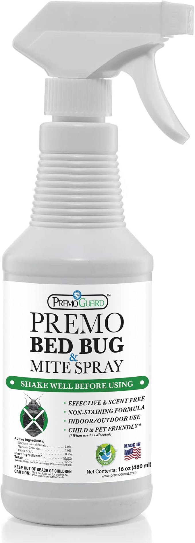 Premo Guard Bed Bug & Mite Killer Spray - 100% Kill Rate Formula, 16 oz | University Tested, Safe for Bedding, Furniture, Fabrics, and Clothing, Non Toxic, Stain & Scent Free, Child & Pet Safe