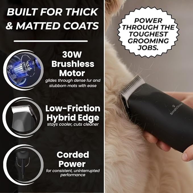 Professional Dog Clippers for Grooming | High-Performance 2-Speed Corded Shears for Thick, Curly Coats & Matted Hair | Low-Noise Pet Grooming Kit with Heavy Duty Hair Trimmer, Black