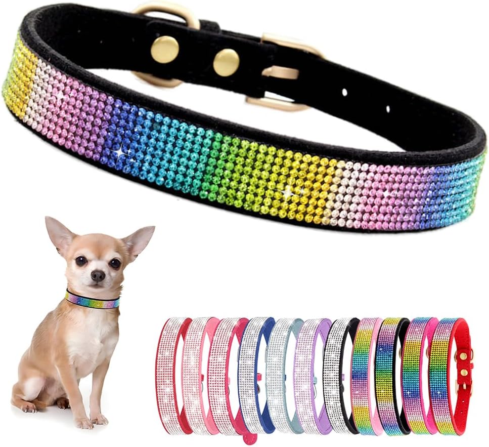 Rhinestone Dog Collar for Small Dogs, Bling Diamond Fancy Crystal Glitter Pretty Jewel Pet Puppy Collars for XXS XS Small Medium Large Breed Girl Dogs Female Cats Kitten, Colorful Black S