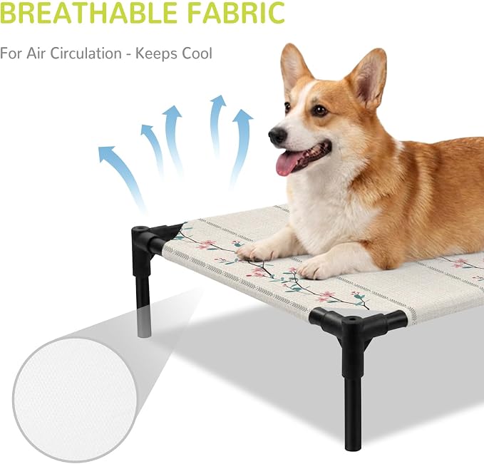 Outdoor Elevated Dog Bed for Medium Dogs, Beige Flower Branch Breathable Cooling Raised Dog Cot for Indoor/Outdoor, Spring Summer Farmhouse Botanical Waterproof Elevated Pet Beds, M 24 x 20 in